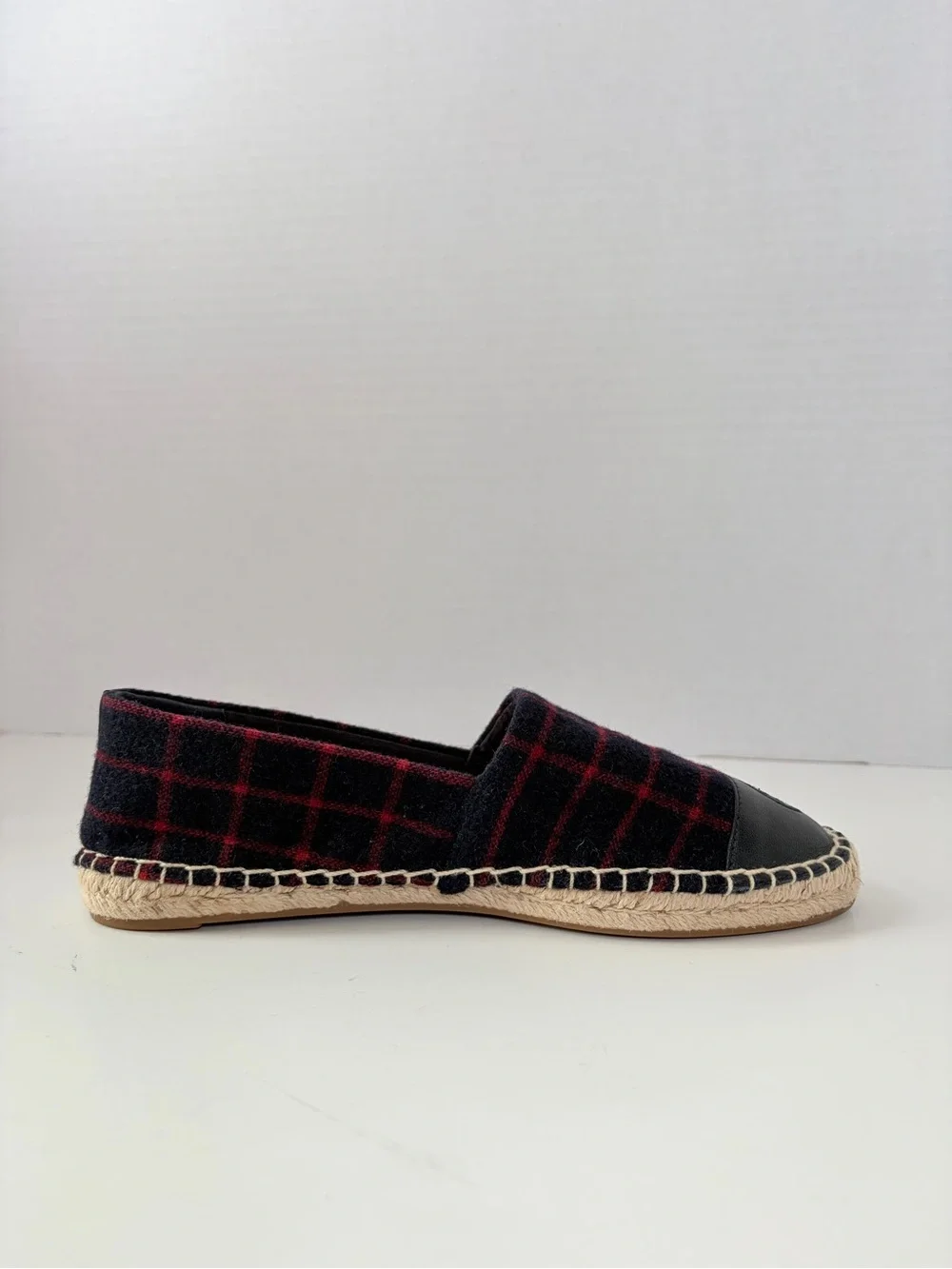 Tory Burch Plaid Espadrilles Colorblock Checked Wool Leather Navy Red Size 9